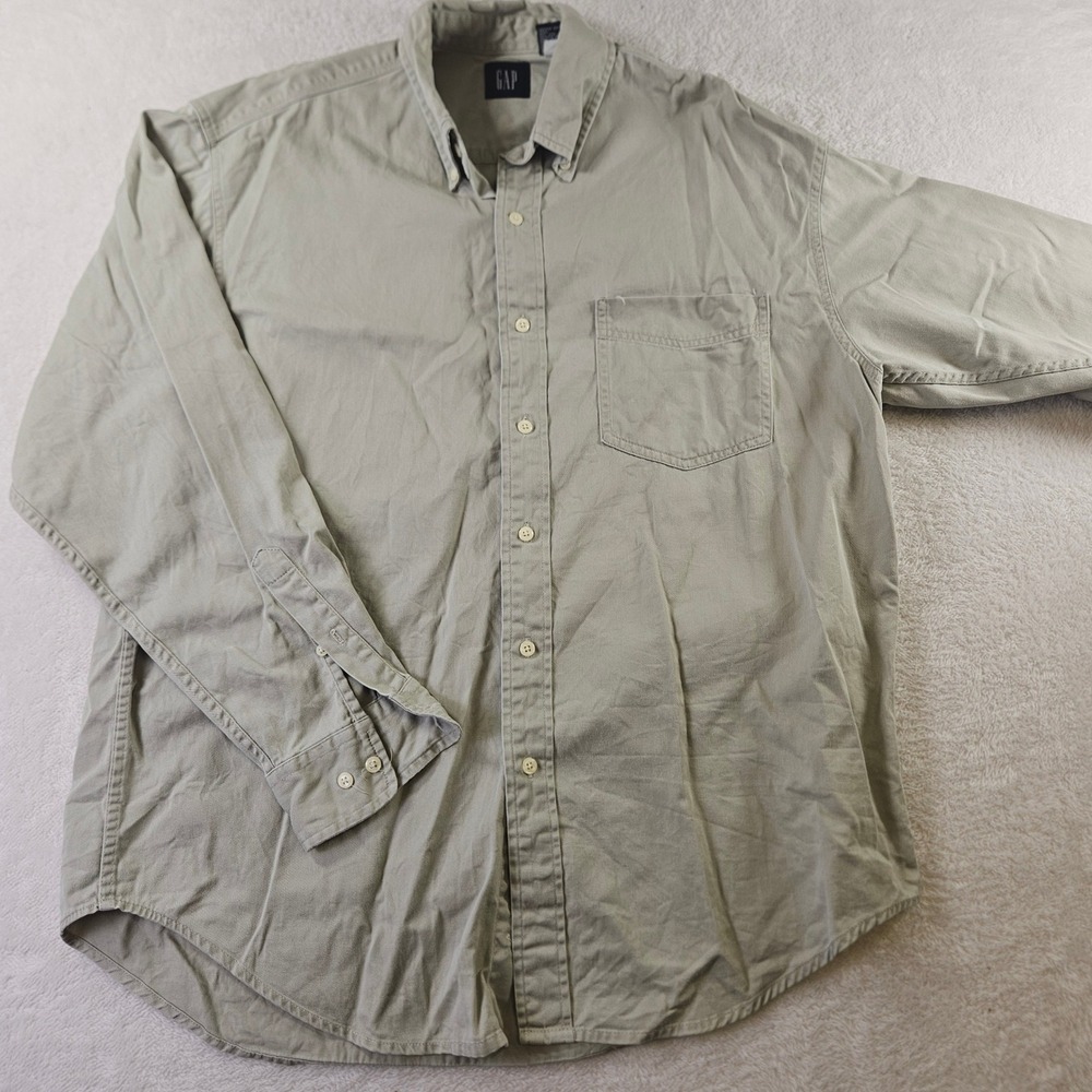 Gap Mens Large Khaki Tan Cotton Twill Long Sleeve Button Down Shirt Pocket 2707